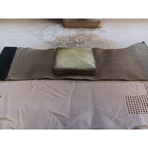 Artisan large leather and stone wide cuff wrap bracelet light green white Agate? - Picture 2 of 3